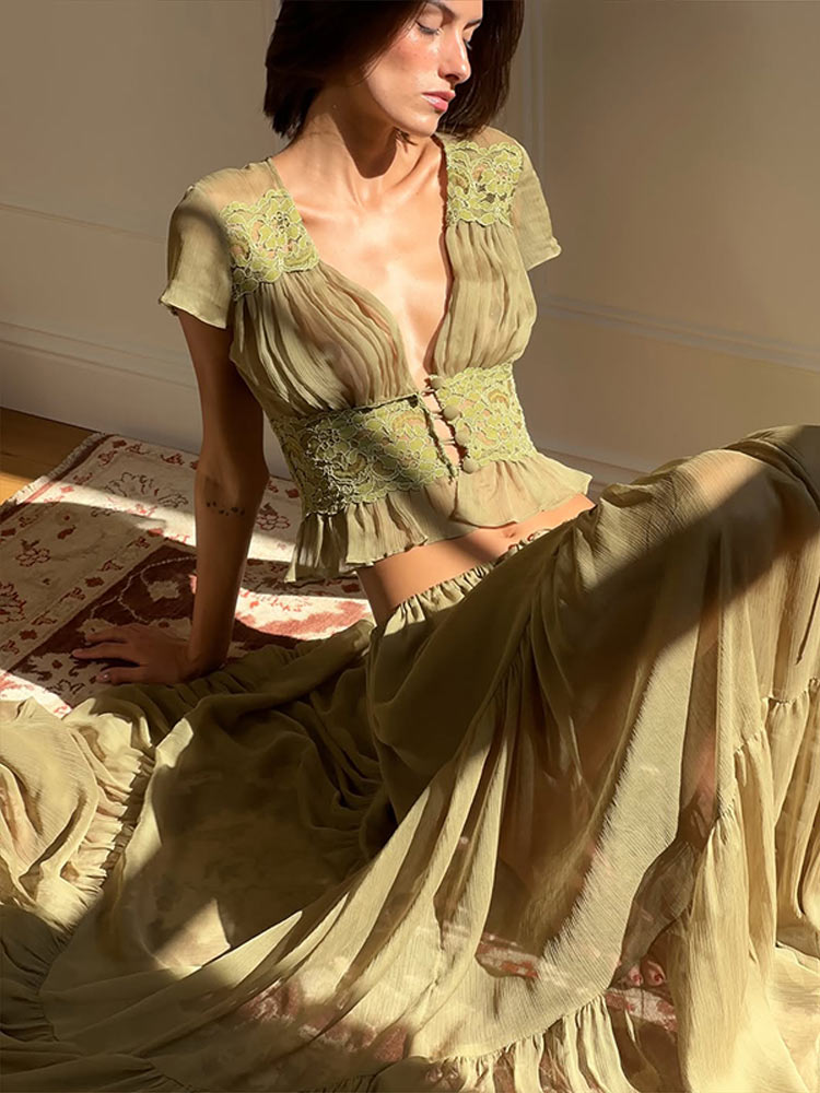 エレガントなレースパッチワークのレディースシャツスカートスー - Women Formal Wear For Summer のレビューと価格