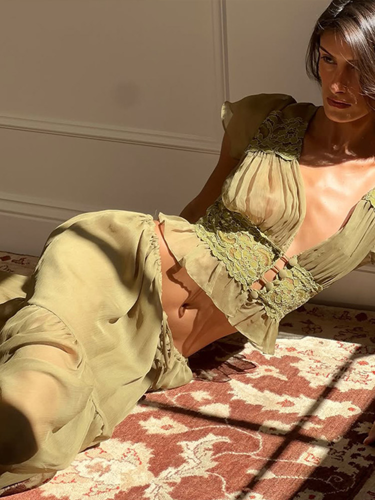 エレガントなレースパッチワークのレディースシャツスカートスー - Women Formal Wear For Summer のレビューと価格