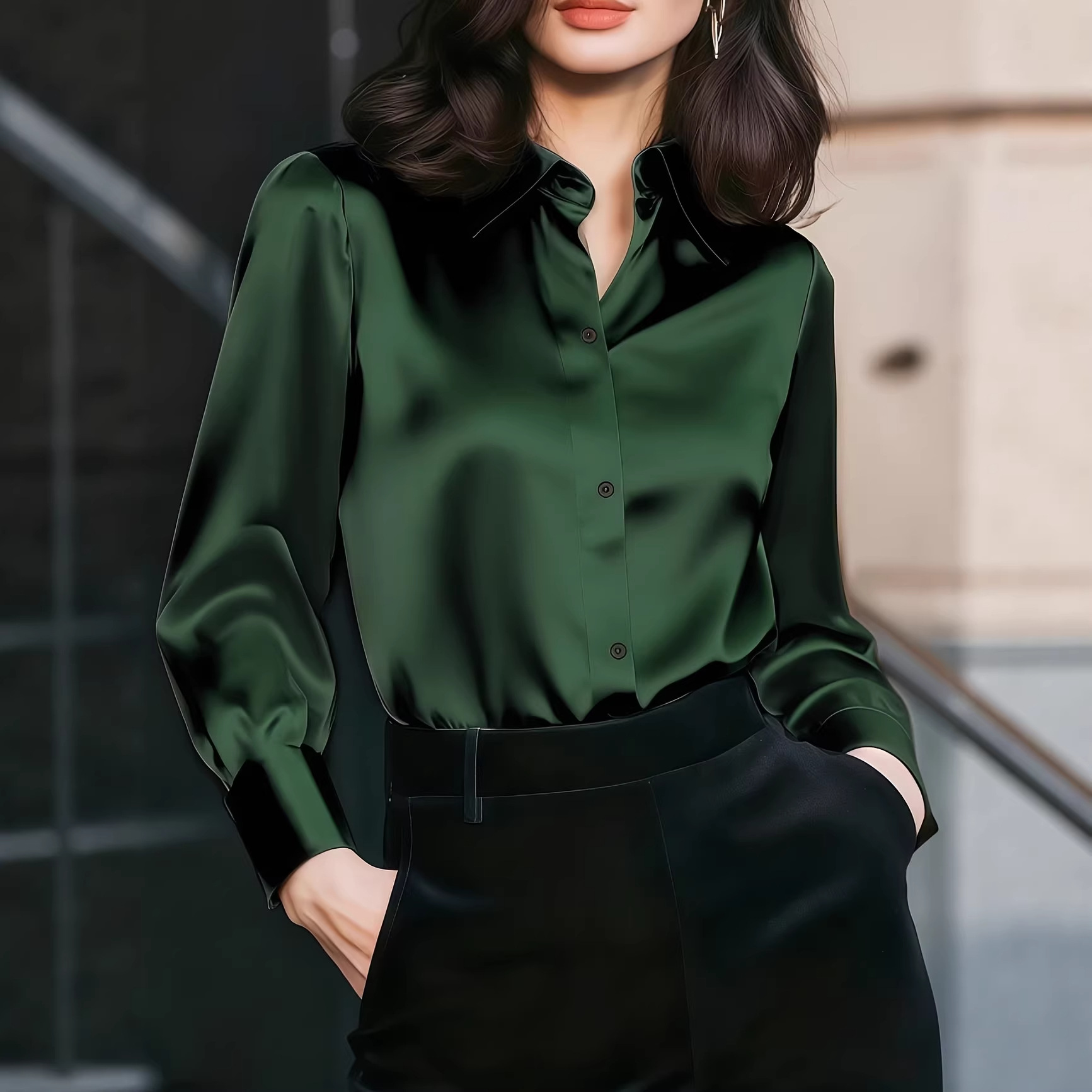 レディースサテンラペルカラーブラウス、ボタンフロント、長袖、 - Women Formal Office Wear Tops のレビューと価格
