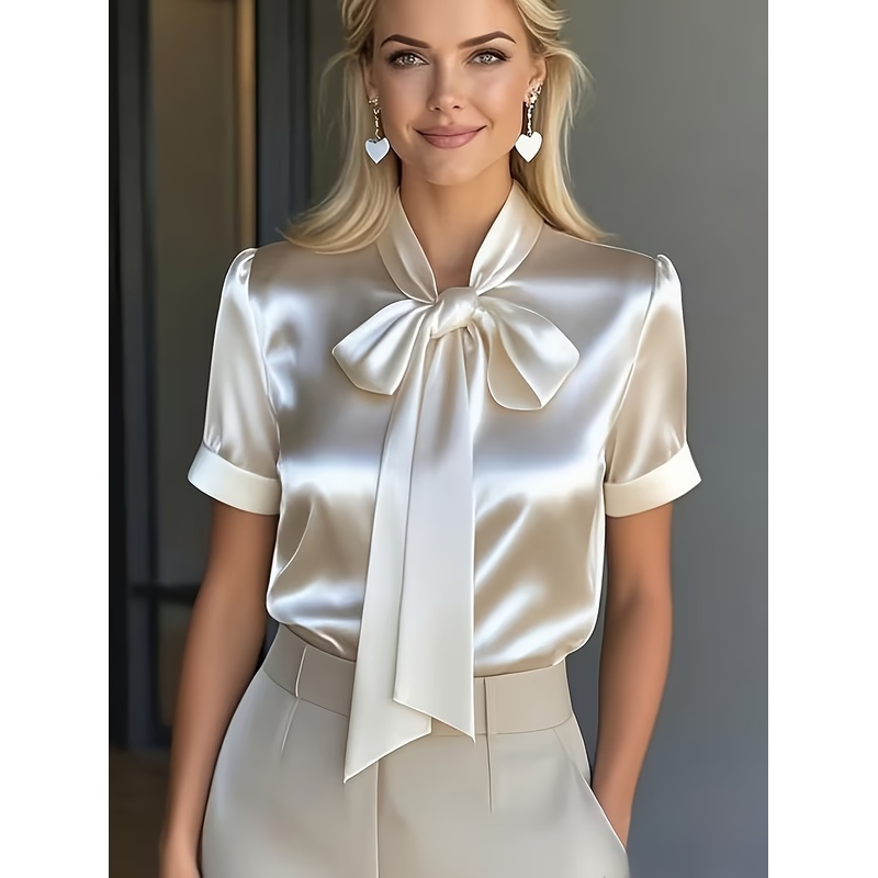 女性用エレガントなショートスリーブシャツ、蝶ネクタイ襟付き、 - Women Formal Wear With Tie のレビューと価格