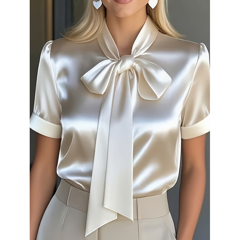 女性用エレガントなショートスリーブシャツ、蝶ネクタイ襟付き、 - Women Formal Wear With Tie のレビューと価格